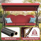 3 Seat Outdoor Porch Patio Swing with Stand 800lbs 2-in-1 Convertible Swing Bed with Adjustable Canopy & Removable Cushion for Yard Garden Deck (Wine Red, Round Tube)