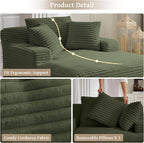 66" Chaise Lounge Chair Indoor, Oversized Boneless Couch Comfy Upholstered Sleeper Sofa Bed with 3 Pillows, Corduroy Cloud Reading Chair for Living Room No Assembly Required, Green