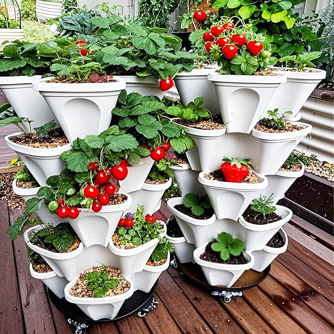 7 Tiered Strawberry Planters 3 Pack, Vertical Stackable Planter, Herb Stacking Tower Garden, Flower and Vegetable Planters with Support Pole Indoor & Outdoor with Removable Wheels Dark Grey