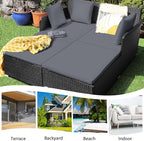 Tangkula Outdoor Rattan Daybed, Wicker Furniture with Spacious Seat, Upholstered Cushion & High-Resilience Sponge, Patio Sofa Set with 4 Pillows, 2-Person Sunbed for Poolside Backyard Garden & Balcony