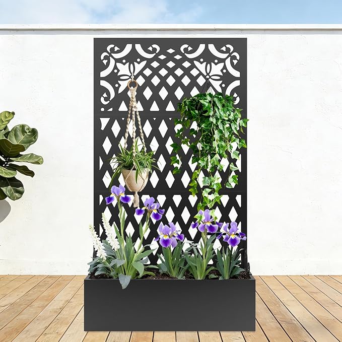 Metal Raised Garden Bed with Trellis & Privacy Screen, 71"x40"x11.8" Galvanized Freestanding Planter Box for Patio Balcony, Modern Planter with Drainage for Climbing Plants, Flowers & Vegetable