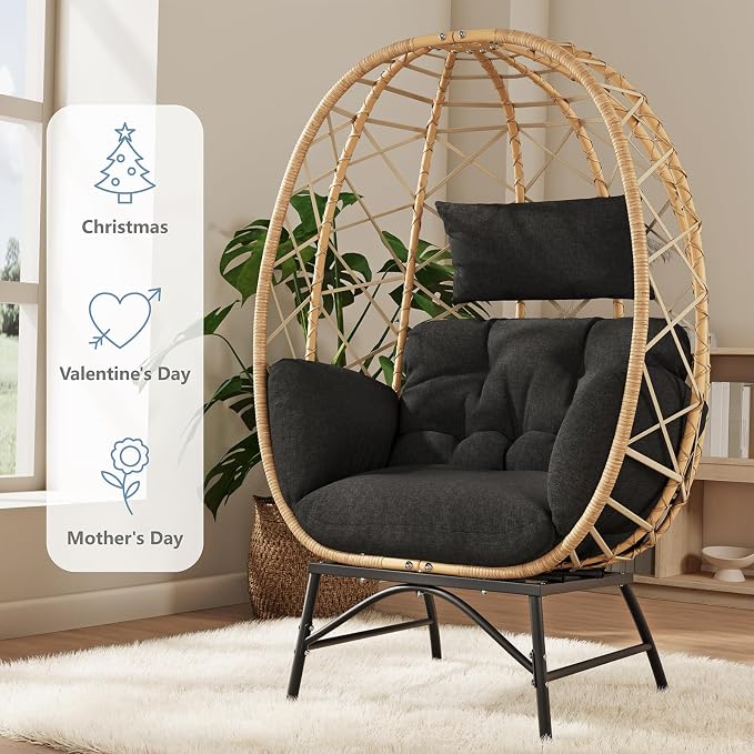 Lounge Chair, Black Wicker Egg Design with Cushion, 480 lb Capacity