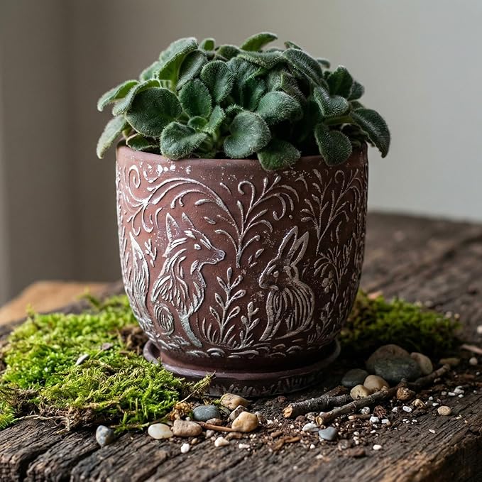 Decorative Ceramic Planter Pot with Saucer, Brown with Gold and Silver Owl Pattern, Indoor Garden Container with Drainage (G&S, 6 inch)