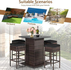Tangkula 5 Piece Outdoor Rattan Bar Set, Patio Bar Furniture with 4 Cushions Stools and Smooth Top Table with Hidden Storage Shelf, Outdoor Conversation Set for Poolside, Backyard, Lawn