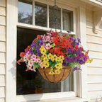 Senjie 12 Bundles Artificial Hanging Flowers with Basket for Outdoor Decor, UV Resistant Faux Flowers Fake Hanging Planter for Porch Patio Balcony