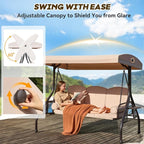 3 in 1 Outdoor Porch Swing with Adjustable Canopy, 3 Seat Outdoor Swing for Adults, Patio Swing Chair with Thickened Cushions,Pillows & Cup Holders for Backyard, Porch, Garden (Khaki)