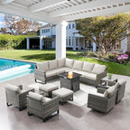 Patio Sectional Furniture Set with Fire Pit Table: 10 Pieces Wicker Patio Conversation Set with L Shaped Sofa, Outdoor Swivel Glider Rocker, Rattan Club Chairs, Ottomans, Removable Cushions Beige