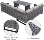 Belord Outdoor Sectional Sofa 6 Seater L Shaped Couch Wicker Patio Conversation Furniture Set with Tree-Grain Finish Metal Dining Table, Rattan Outdoor Furniture with Removable Washable Cushion Beige