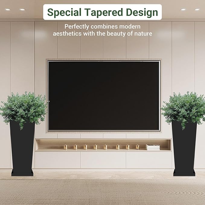 Tall Planters 30" H - 2 Pack, Tapered Pots with Drainage Insert Shelve & Trays, Metal Outdoor Planter Box for Porch, Garden, Patio, Yard (Black)