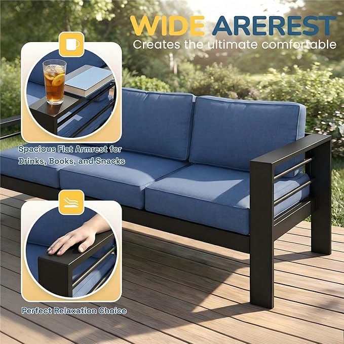 Solaste Aluminum Patio Furniture Set for All Weather, Oversized Metal Outdoor Furniture Set with 27.5" Deep Seating and 3.2" WIde Armrest, Outdoor Patio Conversation Sets with 10’’ Back Suport Cushion