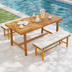 Tangkula 3 Piece Patio Dining Set for 4 People, 63” Outdoor Acacia Wood Rectangular Table with 1.97” Umbrealla Hole & 2 Cushioned Bench, for Deck Yard and Poolside
