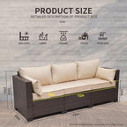 WAROOM Patio Couch PE Rattan 3-Seat Outdoor Sofa Brown Wicker Furniture Set Deep Seating with Anti-Slip Beige Cushion