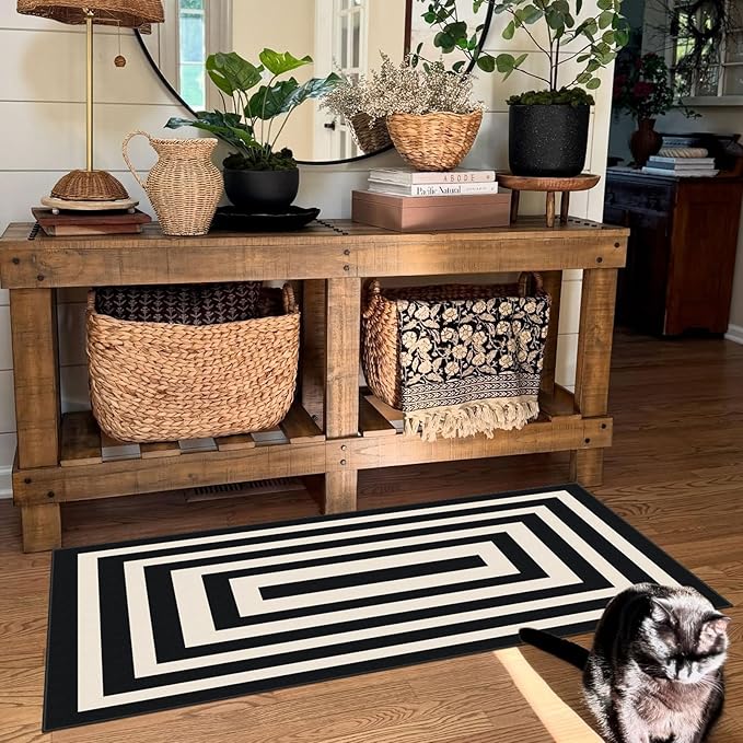Outdoor Rug Black Ivory Geometric Front Door Mat, 2x4.3 Ft