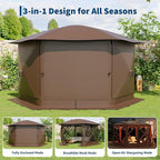 11.5x11.5FT 6-Sided Pop Up Gazebo Tent，One-Push Setup Canopy Tent with Mesh Panels & Removable Wind Cloths, Outdoor shelter for Camping, Backyard Parties, Outdoor Events - Beige & Khaki