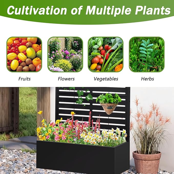 Metal Raised Garden Bed with Trellis,Planter Box for Climbing Plants, Vegetables & Vines, Features Drainage Holes and Privacy Screen.raised garden beds outdoor planters for porch (Black, 71"x35"x16")