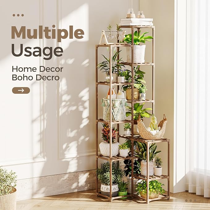 Bamworld 72" Tall Plant Shelf Indoor Outdoor Corner Plant Stand Large Plant Table Wood Plant Holder for 10 Pots Multiple Plants Patio Balcony Garden Office Home Decor