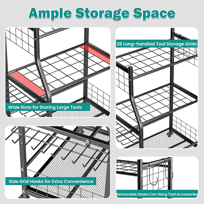 Storage Rack Black Alloy Steel Yard Tool Stand with Locking Wheels