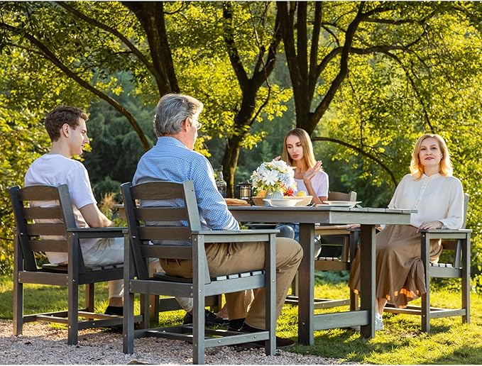 SERWALL Modern Patio Dining Set, 5-Piece Rectangular HDPE Dining Table with Umbrella Hole & 4 Chairs, Grey