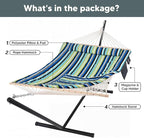 SUNCREAT Hammocks Double Cotton Rope Hammock with Polyester Pad, Heavy Duty Hammock with Steel Stand, Blue&Green