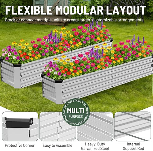 2 Pack 6x1.5x1FT Galvanized Metal Raised Garden Bed Kit for Vegetables, Herbs, Open-Bottom Large Capacity Outdoor Planter Box Gardening Stakes, Silver