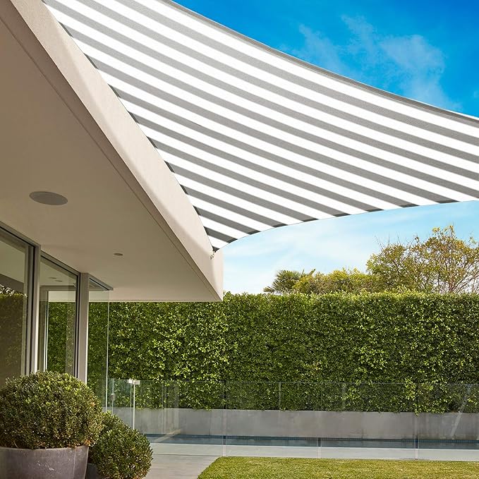E&K Sunrise 17' x 17' x 17' Sun Shade Sail Triangle Canopy Shade Cover UV Block for Patio Backyard Garden Outdoor (Gray White Strip)