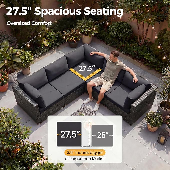 NICESOUL 29.3'' High Backrest Patio Furniture Set with Firepit Table Gas/Propane, Heavy Duty Deep Seating Outdoor Sectional Sofa Sets, 6 Seater Modern Luxury Extra Large Wicker Conversations, Gray