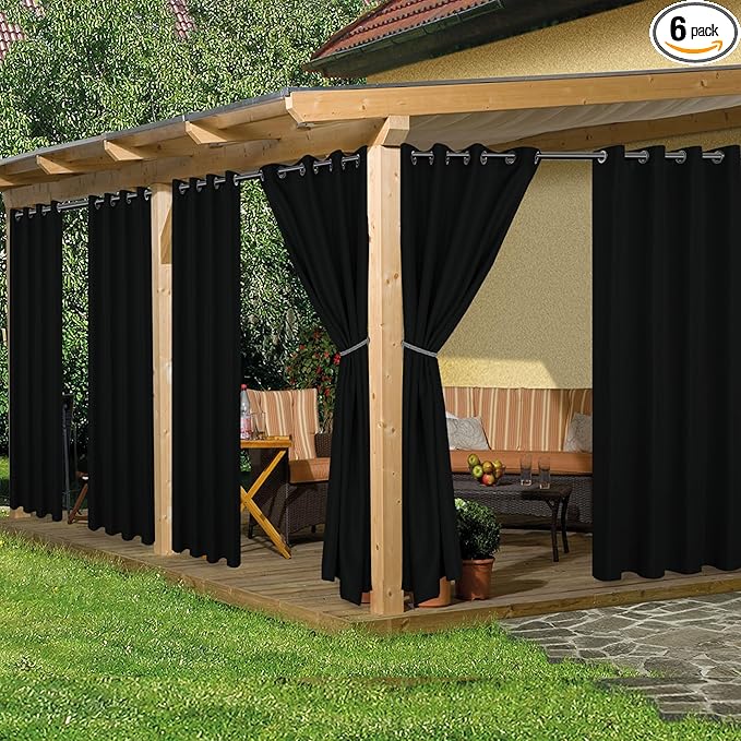 HolidayIdeas Outdoor Curtains for Patio Waterproof, 6 Panels - 54x95 Inches - Weatherproof Privacy Outsides Curtains for Cabana Porch Pergola, Sunlight & UV Blocking (Black, Grommet Top)