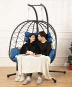 Double Egg Chair with Stand Hammock Swing Chair Foldable Hanging Loveseat, UV Resistant Removable Cushions, 700LBS Capacity for Bedroom, Balcony, Garden(BK-BL)