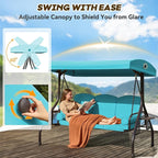 3 in 1 Patio Swing with Adjustable Canopy for Adults, 3 Seat Outdoor Swing with Thickened Cushions,Pillows & Cup Holders for Backyard, Porch, Garden (Lake Blue)