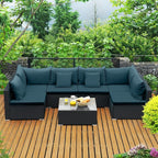 Tangkula 7 Piece Patio Furniture Set, Outdoor Wicker Sectional Sofa with Pillows and Cushions, and Coffee Table, Patio Conversation Set for Garden, Lawn (Peacock Blue)