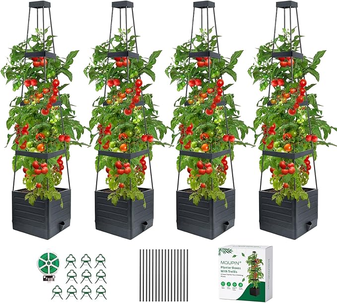 MQUPIN Tomato Planter Box with Trellis for Garden, 57 Inch Self-Watering Raised Garden Bed, Patio Tomato Cage for Climbing Vegetables & Flowers, Upgraded Tomato Pot for Indoor Outdoor Use (4 Pack)