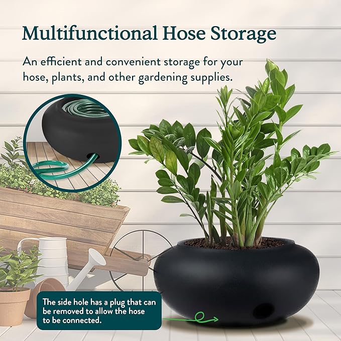 The HC Companies 21 Inch Garden Hose Pot - Durable Lightweight Plastic Decorative Hose Pot for Yard, 100-Foot Capacity Hose Storage, Black