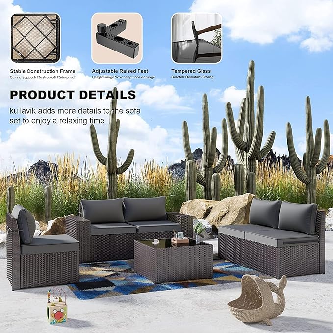 Kullavik 13PCS Outdoor Patio Furniture Set with 43" 55000BTU Gas Propane Fire Pit Table PE Wicker Rattan Sectional Sofa Patio Conversation Sets,Grey