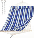 SUNCREAT 2 Person Hammock with Hardwood Spreader Bar, Outdoor Rope Hammock with Polyester Pad, 475 lbs Capacity, Blue Stripes