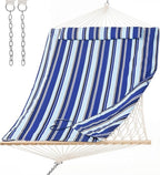 SUNCREAT 2 Person Hammock with Hardwood Spreader Bar, Outdoor Rope Hammock with Polyester Pad, 475 lbs Capacity, Blue Stripes