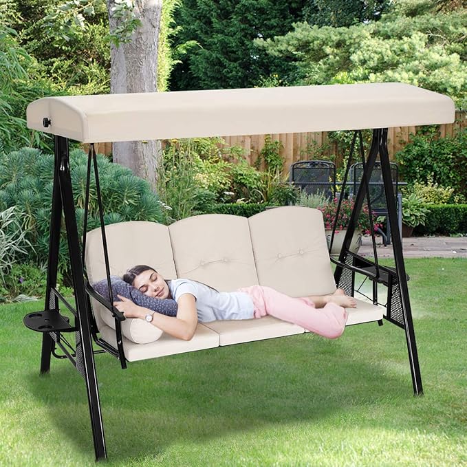 U-MAX 3-Seat Outdoor Patio Swing Chair, Swing Glider with Canopy Porch Swing, Weather Resistant Steel Frame Cup Holders Cushions, Adjustable Tilt Canopy, Beige