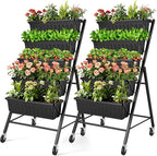 SEJOV 2 Pack Vertical Raised Garden Bed, 5-Tier Vertical Garden Planter with Drainage System, Larger Elevated Planter Box for Herbs Vegetables Flowers Indoor Outdoor (Black with Lockable Wheels