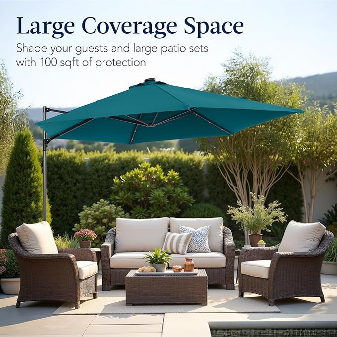 Best Choice Products 10ft Solar LED Offset Cantilever Hanging Market Patio Umbrella, Smooth 360° Rotation, 8 Sturdy Ribs, Easy Adjustment - Cerulean