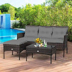 Patio Conversation Set, 3 Piece Grey PE Rattan Wicker with Glass Table