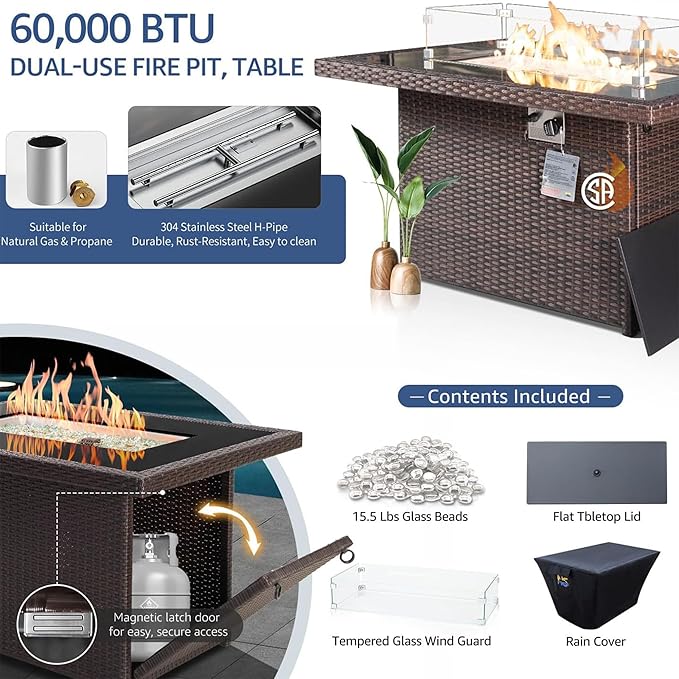 NICESOUL 29.3'' High Back Patio Set with Firepit Propane & Natural Gas, 7 Piece Oversized Large Wicker Outdoor Sectional Couche Sets, Heavy Duty Backyard Furniture, Brown Rattan and Black Cushion
