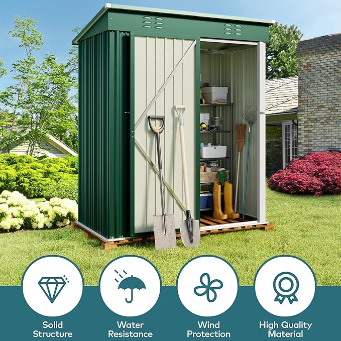 Green Steel Outdoor Storage Shed, 5 x 3 ft, Lockable Door