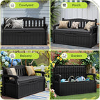 Greesum 80 Gallon Heavy-Duty Outdoor Storage Bench with Cushion, UV-Resistant Resin Bench with Armrest, Deck Box for Garden, Poolside, Patio, Black