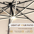 10 X 13 FT Cantilever Patio Umbrella with Led Lights and Base Included Outdoor Heavy Duty Double Top Rectangle Offset Umbrellas with 360-degree Rotation for Pool Deck Backyard, Beige