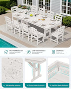 SERWALL 11 Piece Outdoor Dining Set, 84" HDPE Outdoor Table and Chairs for 10，All Weather Patio Furniture Set with Umbrella Hole for Backyard, Garden, White
