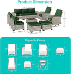 11-Piece Outdoor Patio Furniture Set with Rocking Swivel Chair Wicker Sectional Sofa Set, Patio Conversation Set with Ottomans & Coffee Table for Garden, Backyard, Poolside, Green