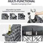 Double Camping Chairs Padded Loveseat Chair for 2 Person - Heavy Duty Oversized Camping Couch for Adults Outdoor Lawn Beach Portable Folding Sofa with Cup Holders Support 600lbs, Grey