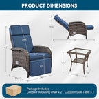 3 Pieces Zero Gravity Wicker Patio Recliner Chairs Set of 2 - Wicker Outdoor Lounge Chair with Side Table, Adjustable Backrest & Footrest, High Back Outdoor Recliner Chair for Pool Deck Blue