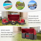 Vicluke 6 Pieces Patio Conversation Sets, Rectangle Wicker Daybed with Canopy, Adjustable Backrest, Storable Tea Table, Outdoor Sunbed for Backyard Garden Poolside(Wine Red)