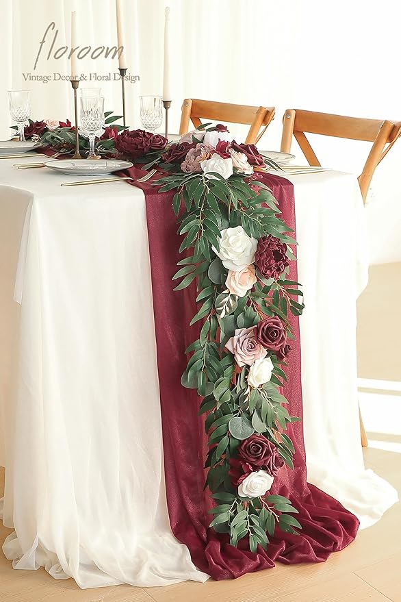 Artificial Eucalyptus Garland, 6 ft Burgundy and White Faux Silk Vine