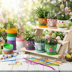 24 Set Garden Plastic Paintable Flower Pot Craft Kit 4" Starter Pots DIY Painting Party Supplies with Acrylic Paint Strips Gardening Kit for Planting Crafts Birthday Easter Spring Gift